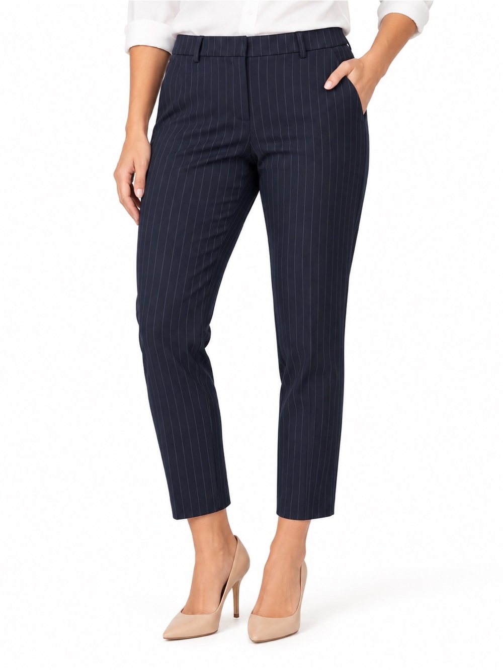 Liverpool Kelsey Navy Pinstripe Stretch Knit Trousers Size 14
